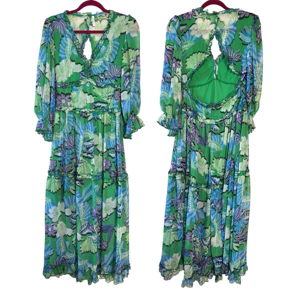 Truly 4 You Floral Green Maxi Dress Ruffle V-Neck Long Sleeves Women’s Medium